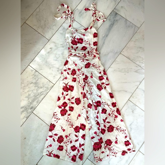 Misa Los Angeles women’s Small linen blend floral pink white wide leg jumpsuit - Picture 1 of 10